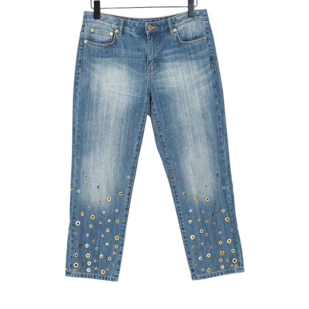 Micheal Kors size 10 beautiful wide leg cropped jeans with stretch Gold grommets